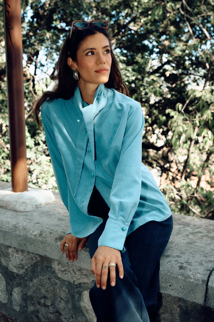 LADY-TIE TOP CHALK BLEU