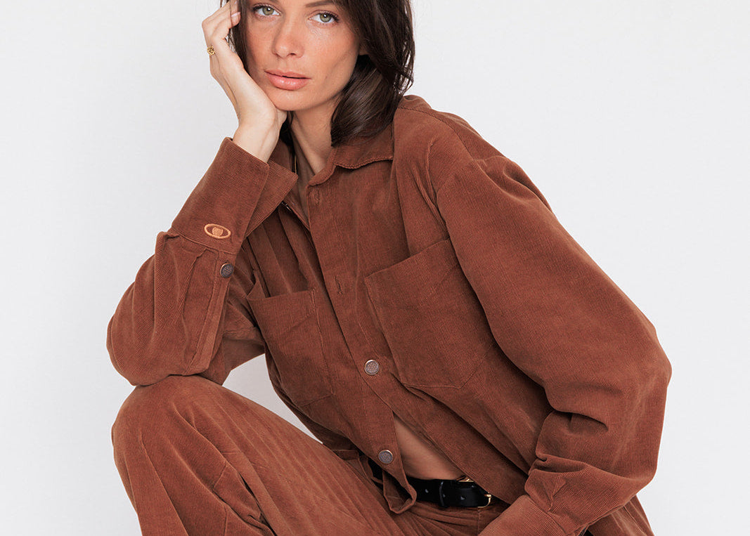 masculine feminine, cozy brown corduroy shirt jacket and pants for pre-fall 